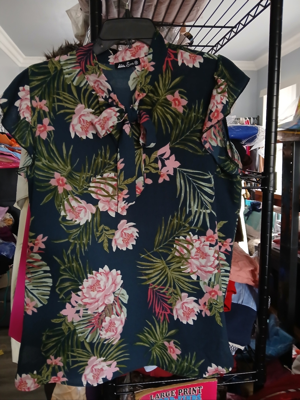 Navy Floral Tie-Neck Flutter Sleeve Blouse